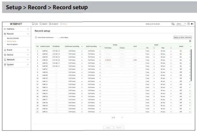 WISENET PRN-6400DB4 Network Video Recorder User Guide - Record Setup