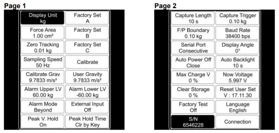 PCE Instruments PCE DFG N Series Digital Force Gauge - Settings
