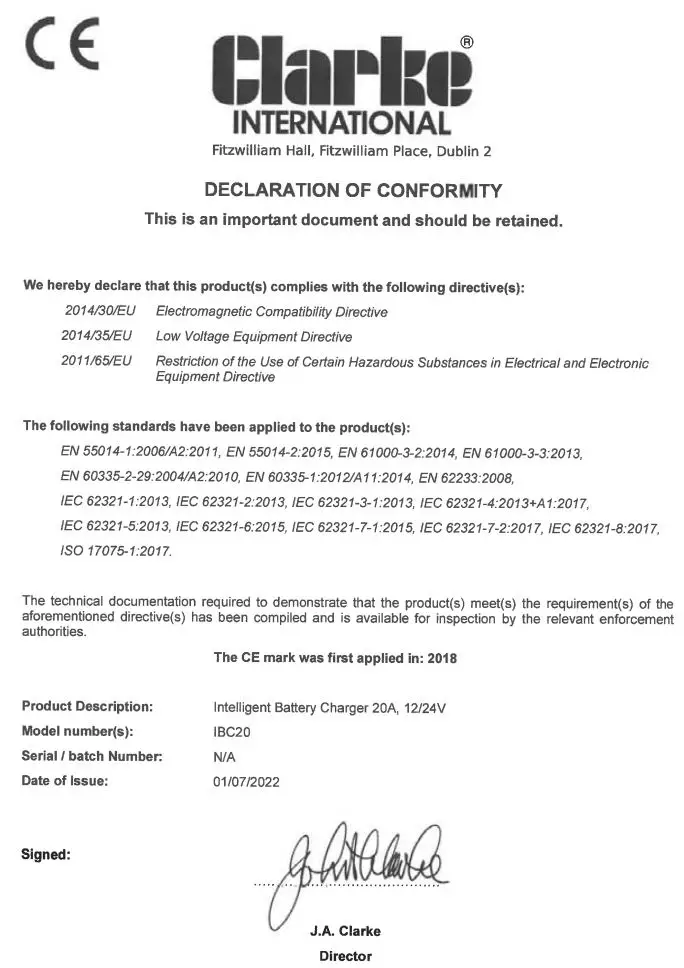 Clarke IBC20 Intelligent Battery Charger or Maintainer Instruction Manual - CE