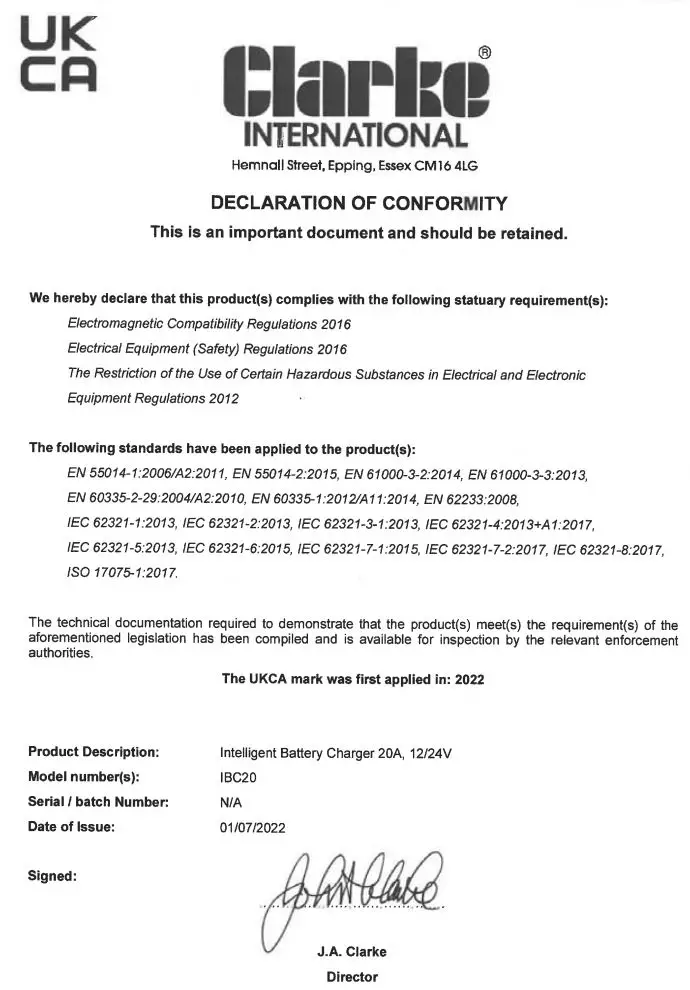Clarke IBC20 Intelligent Battery Charger or Maintainer Instruction Manual - UK CA