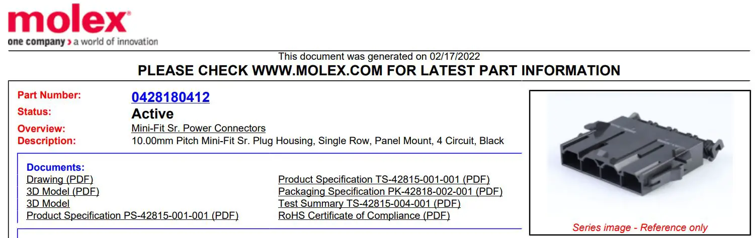 molex E29179 Connector Housing 2.5mm Pitch User Manual