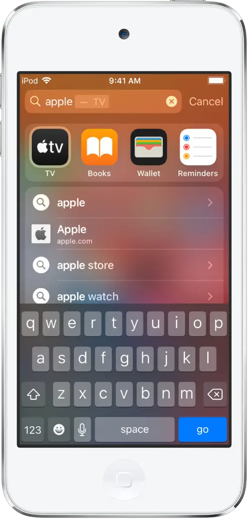 A screen showing a search query on iPod touch. At the top is the search field that contains the search text “apple,” and below it are search results found for the search text.