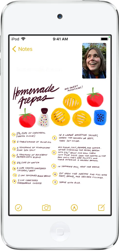 A screen showing a FaceTime conversation in the top-right corner while the Notes app fills the rest of the screen.