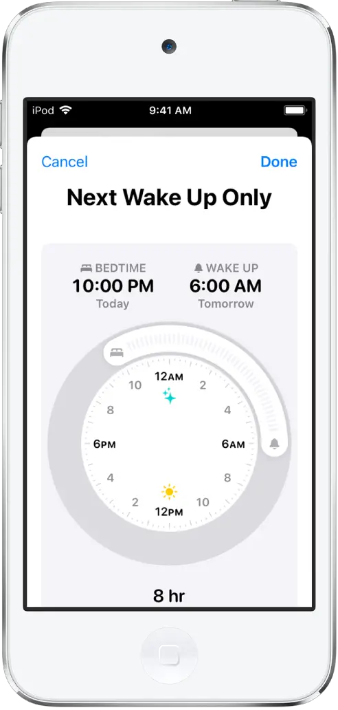 The setup screen for Sleep in the Health app for Next Wake Up Only. There’s a clock in the middle of the screen; Bedtime is set for 10:00 p.m. and wake up is set for 6:00 a.m.