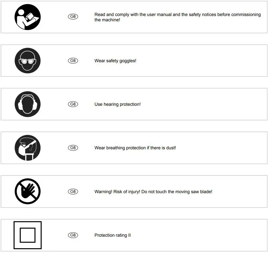 scheppach 5901103901 254 mm Table Crosscut and Mitre Saw Instruction Manual - Explanation of symbols on the machine