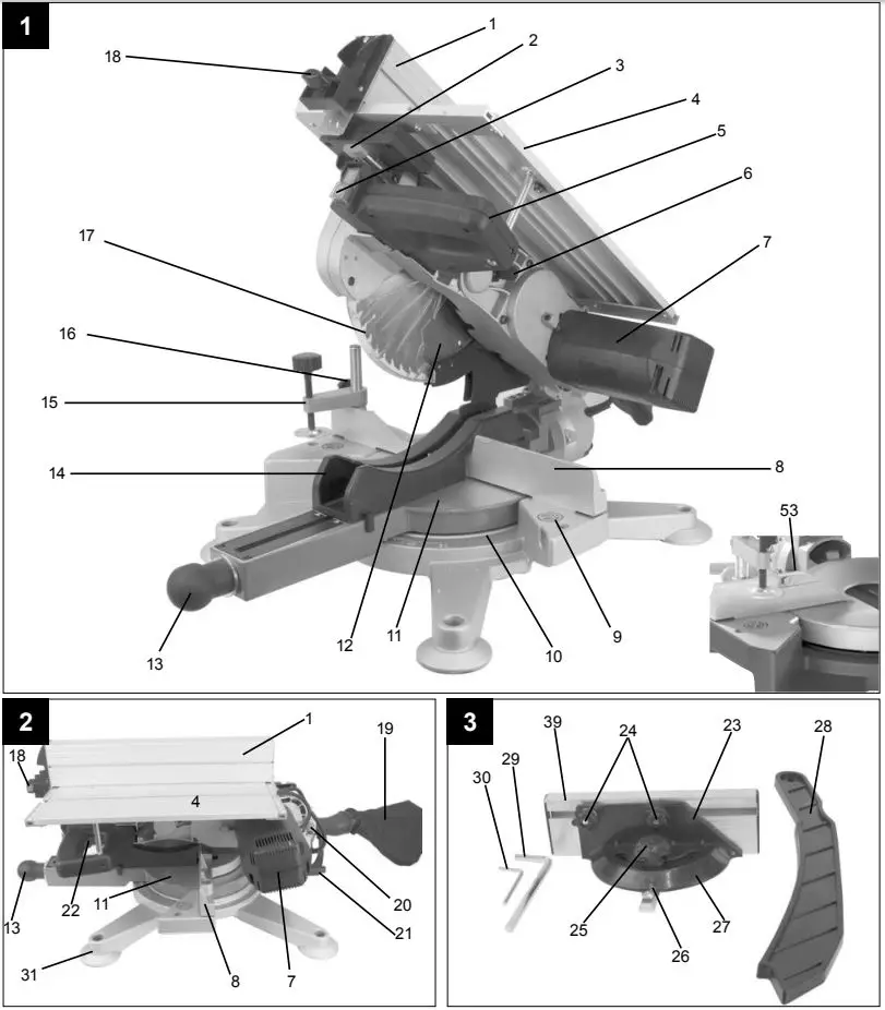 scheppach 5901103901 254 mm Table Crosscut and Mitre Saw Instruction Manual - Fig 1,2,3