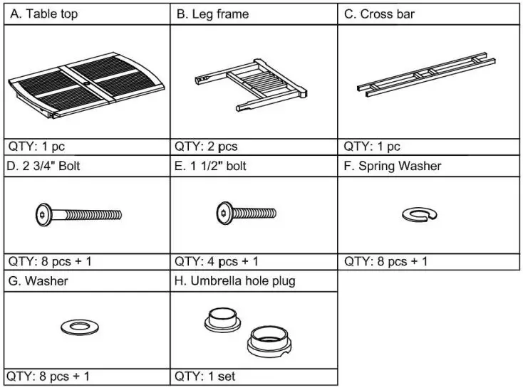 6Pc Teak Dining Set IT-610610T - PARTS AND HARDWARE LIST FOR Table