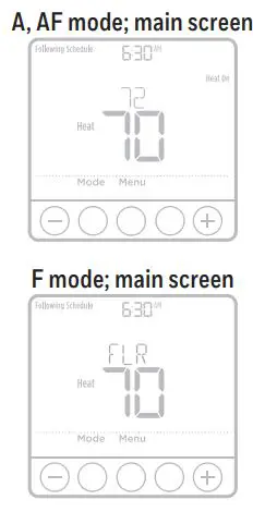 Honeywell Home TH6100AF2004 T6 Pro Hydronic Programmable Thermostat Installation Guide - A, F mode; main screen
