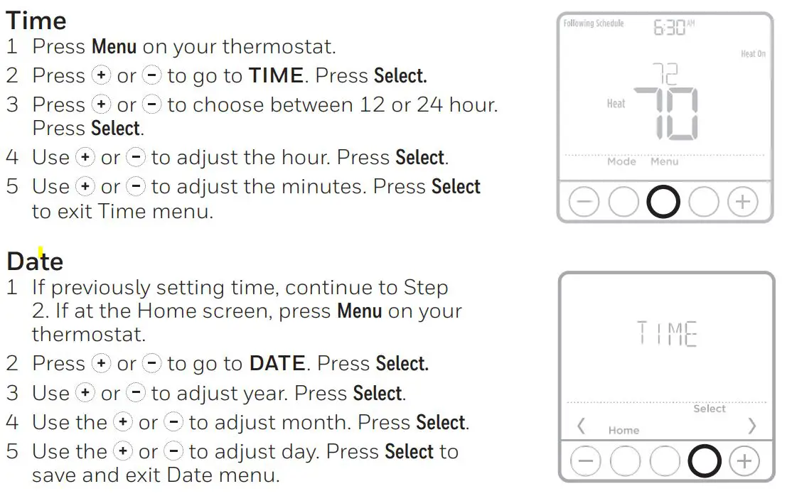 Honeywell Home TH6100AF2004 T6 Pro Hydronic Programmable Thermostat Installation Guide - Set the time and date