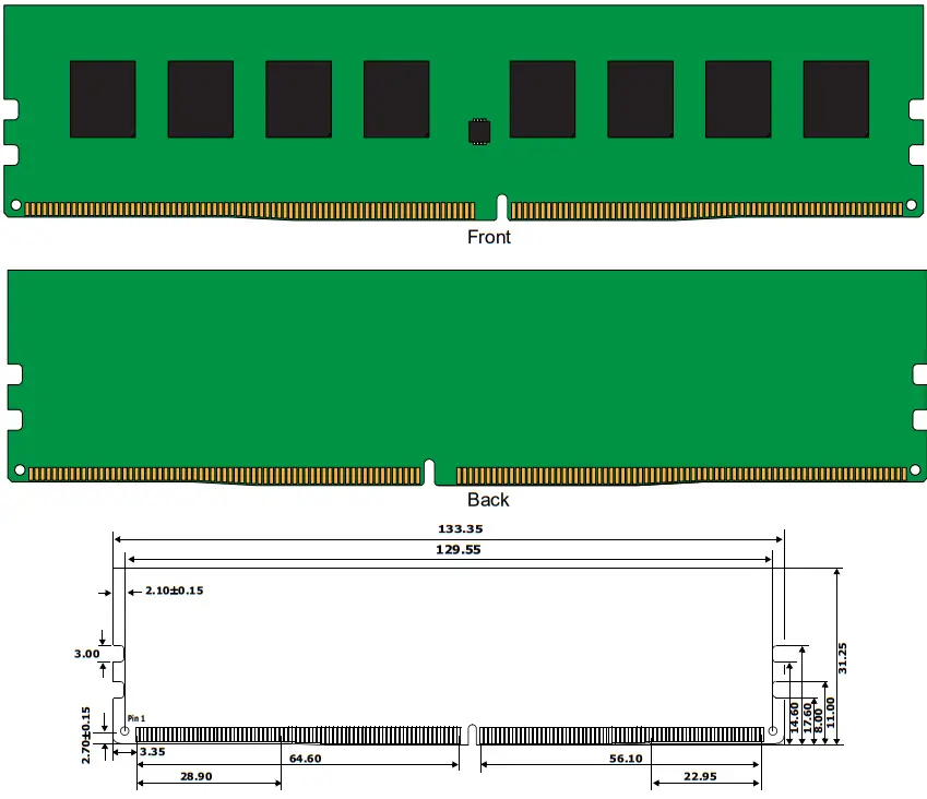 Kingston KVR24N17S8 8 8GB 1Rx8 1G x 64 Bit PC4 2400 CL17 288 Pin DIMM Memory Module - DIMENSIONS