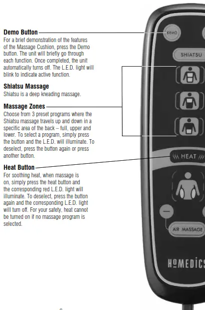 Homedics MCS-775H Air Compression + Shiatsu Massage Cushion with Heat Instruction - Demo Button