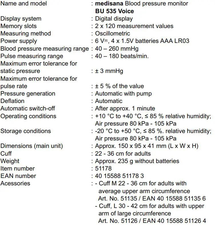 medisana BU 535 Voice Blood Pressure Monitor Instruction Manual - Technical specifications