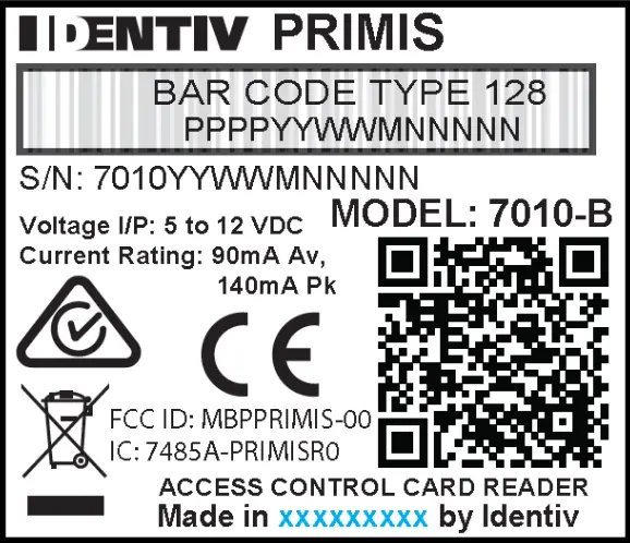 IDENTIV 7010 B Primis Access Control Reader - Product Label