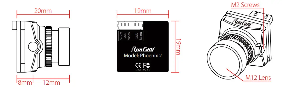 GetFPV RunCam Phoenix 2 1000TVL 2.1mm FPV Camera - Dimensions