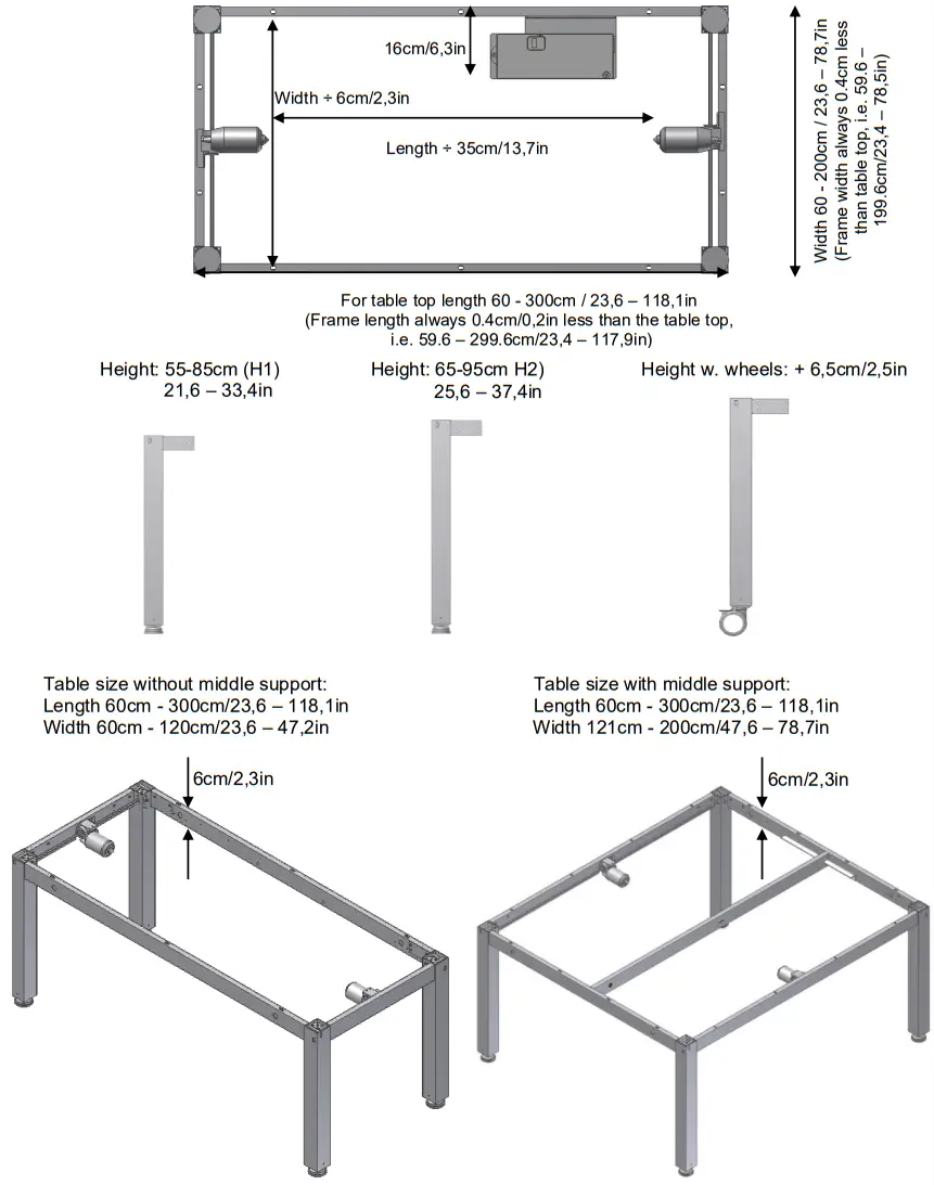 ROPOX 6090 4SingleElectric Height Adjustable Table Frame - Schematic diagram of frame