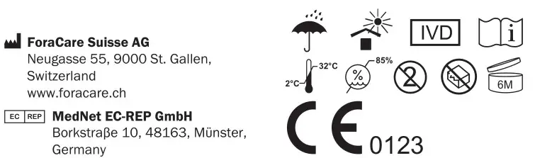 FORA Comfort Pro GD40 Blood Glucose Test Strip - Company Info & Trademark Icons