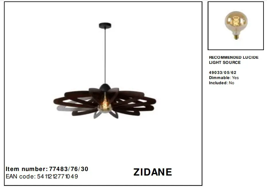 LUCIDE ZIDANE Pendant Light - overview