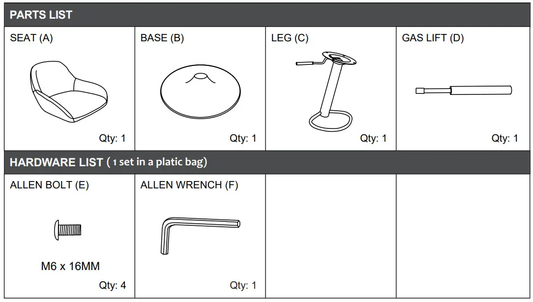 glitzhome 1010202758 Bar Stoo-PARTS LIST