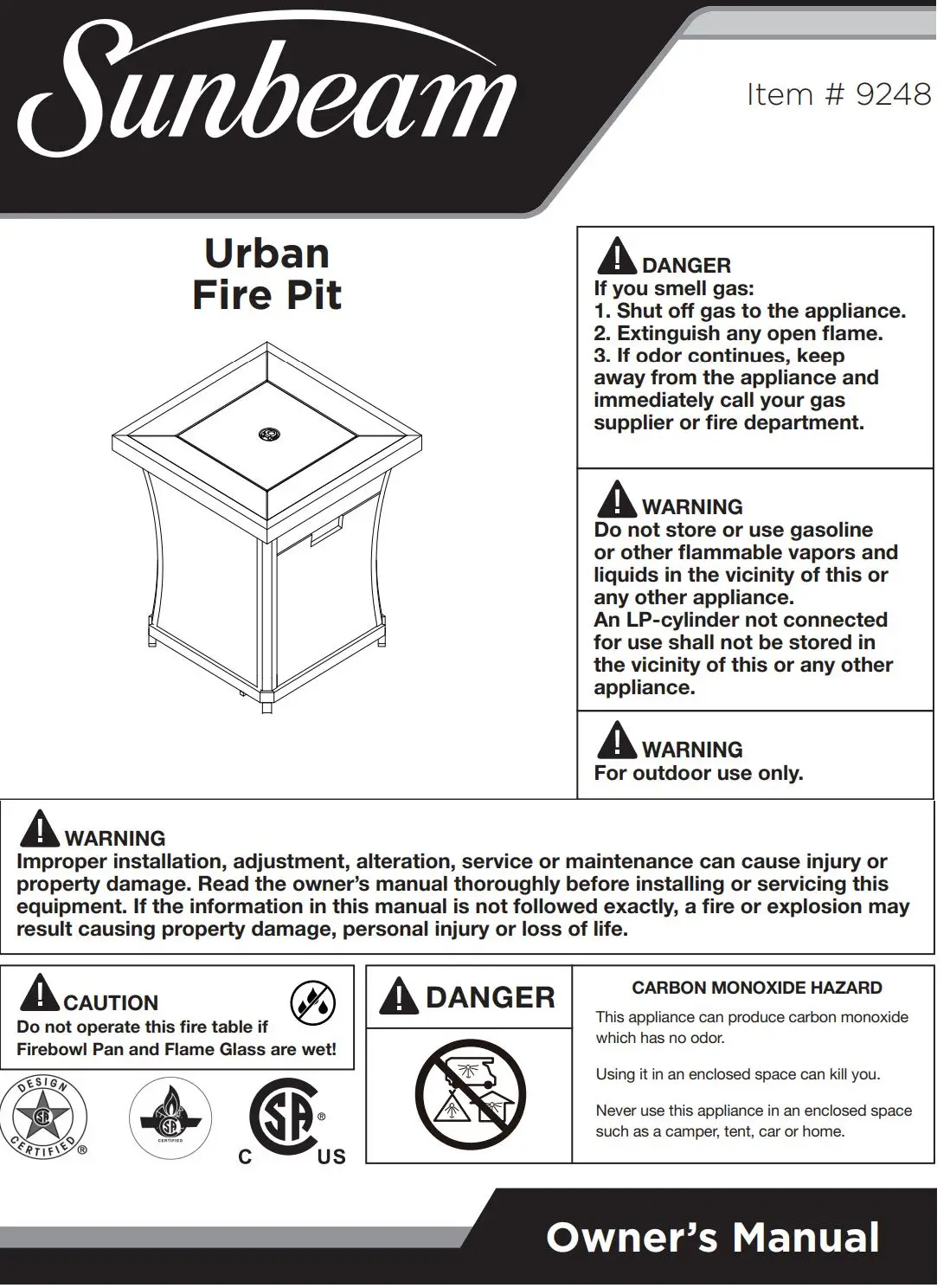 Sunbeam 9248 Urban Fire Pit Owner’s Manual