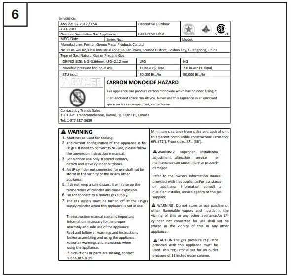 Sunbeam 9248 Urban Fire Pit Owner’s Manual - Retain the rating label for your records