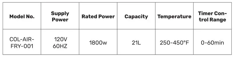 Colston COL-AIRFRY-001 1800W 22 qt Air Fryer Oven XL - PRODUCT SPECIFICATIONS