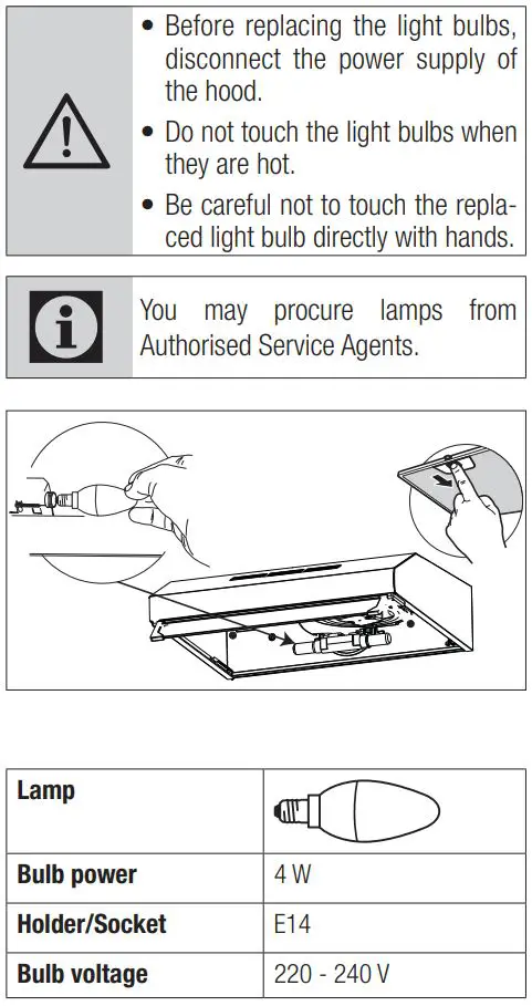 beko CFB 9433 XH Cooker Hood User Manual - Lamp replacement