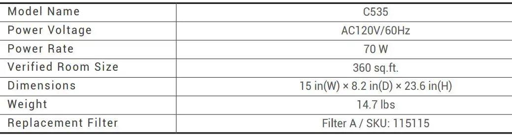 WINIX C535 True Hepa Air Purifier with PlasmaWave User Manual - UNIT SPECIFICATIONS