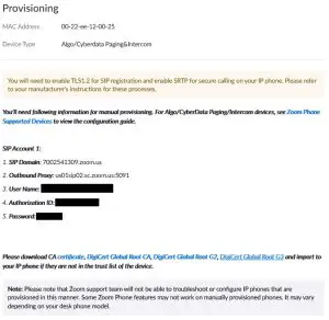 Algo SIP Endpoints and Zoom Phone Interoperability Testing and Configuration - certificates provided by Zoom