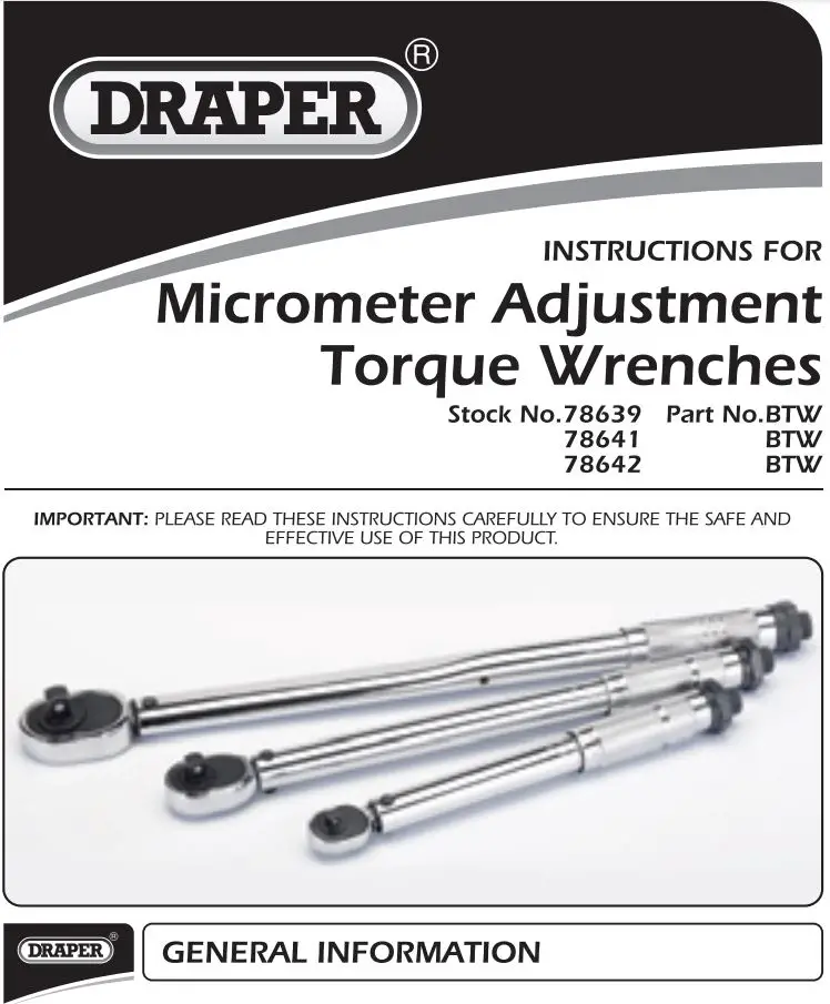 DRAPER 78639 Micrometer Adjustment Torque Wrenches Instructions