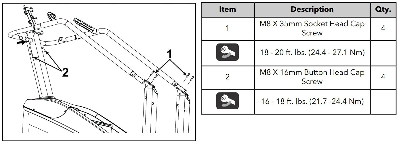 Life Fitness Power Mill Climber User Manual - Secure the left and right handlebar assemblies to the console support upright and rear uprights