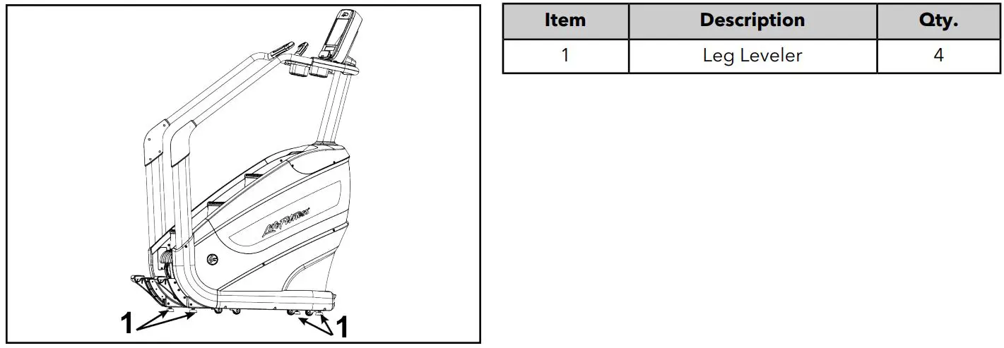 Life Fitness Power Mill Climber User Manual - Tighten Hardware and Verify Leg Leveler Position