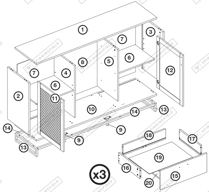 VonHaus 3000327 Riley Rattan Large Wooden Sideboard - COMPONENTS