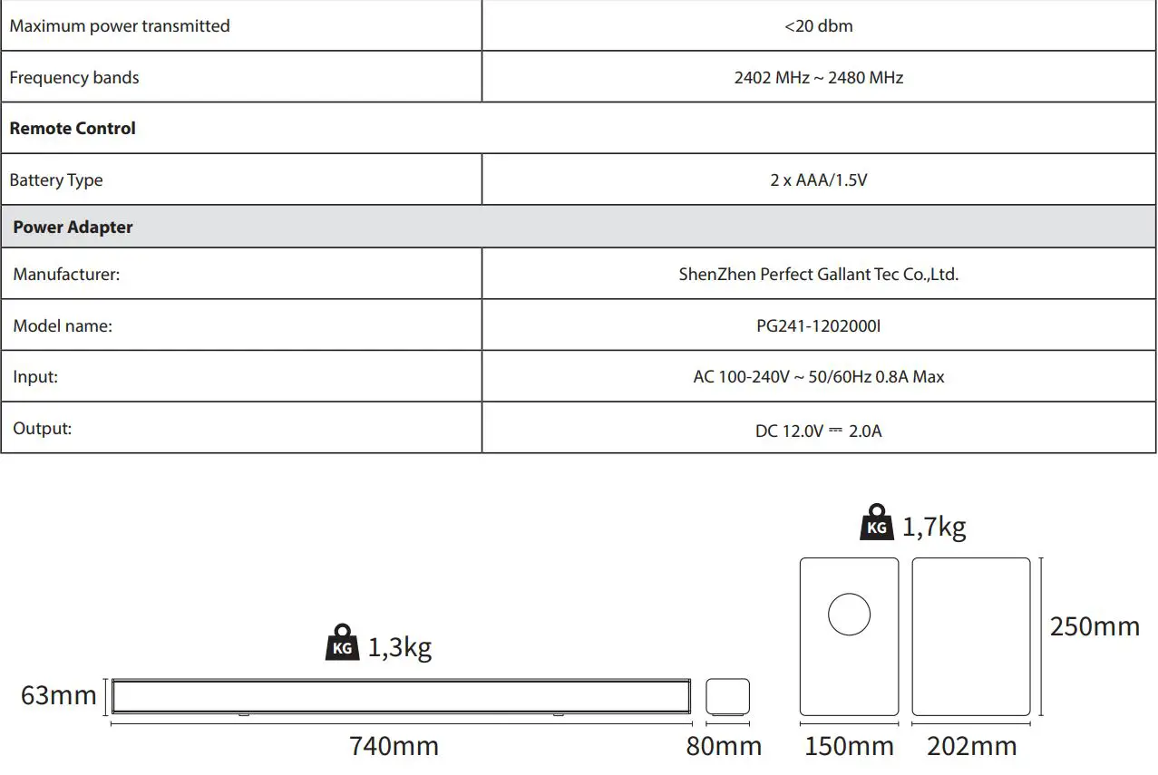 SHARP HT-SBW182 SOUNDBAR SYSTEM WITH WIRELESS SUBWOOFER User Manual - Technical specification