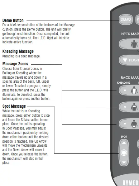Homedics MCS-840HA_EN Shiatsu Elite Massage Cushion with Heat Instruction - Demo Button
