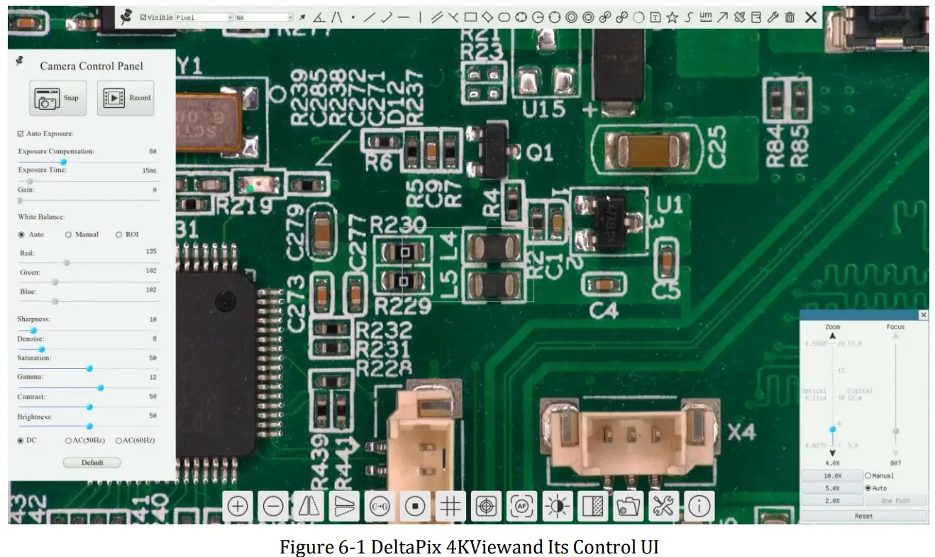 DeltaPix H4KAZFSD08DPX 20X motorized Zoom and Autofocus Digital Microscope - Control UI