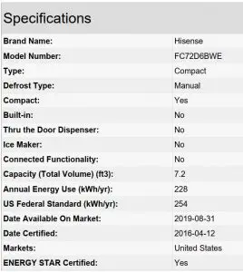 Energy Star Freezer FC72D6BWE Specifications