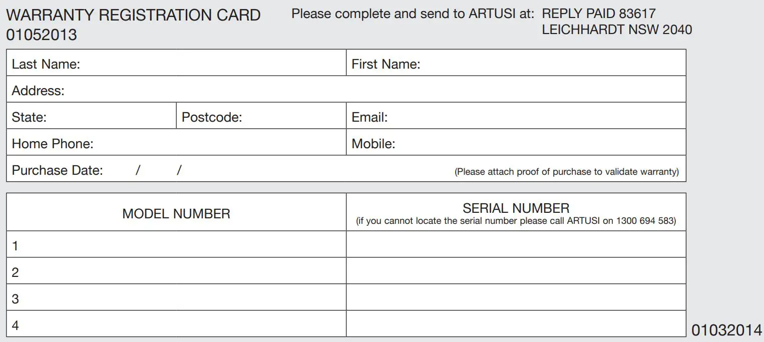 ARTUSI CAO900X1 Electric Built-In Oven Instruction Manual - WARRANTY REGISTRATION CARD
