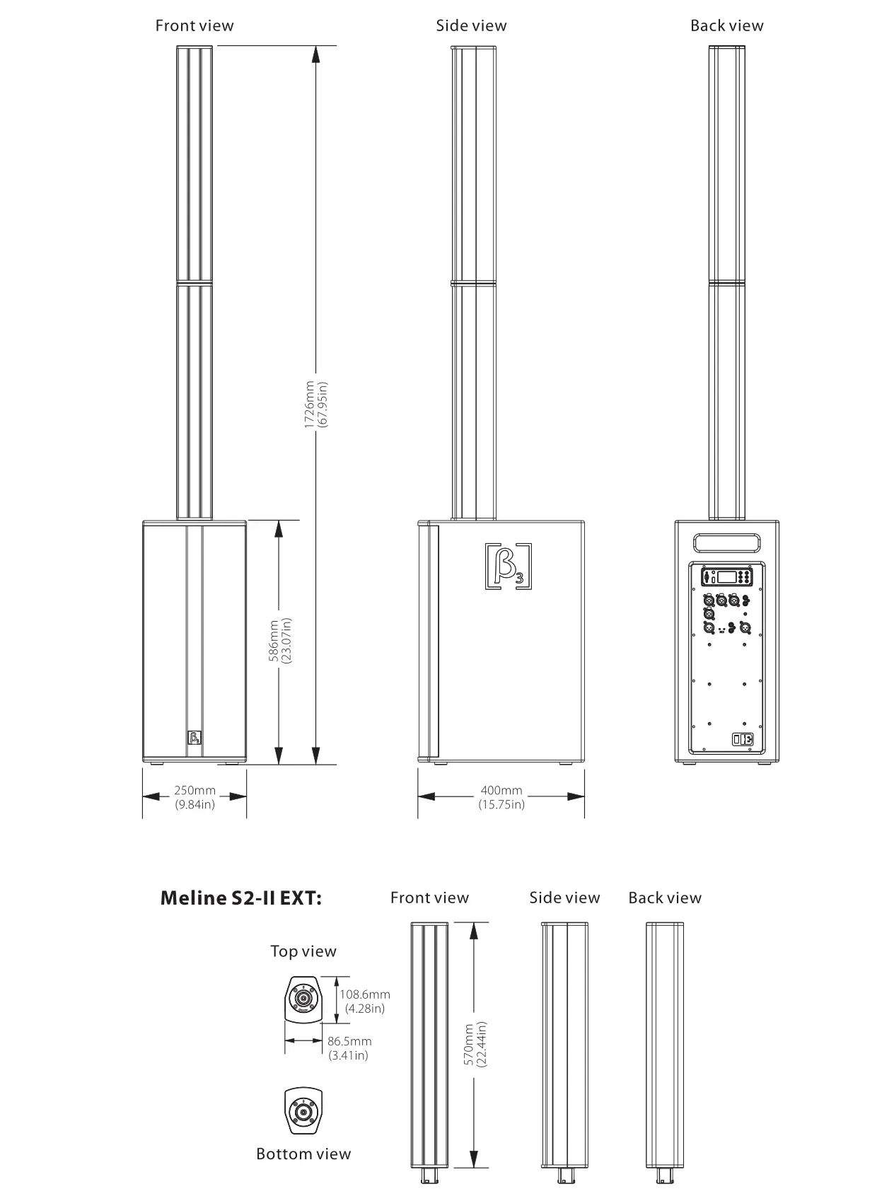 Beta Three S2-III Meline Series Professional Active Performance System - 2D Dimension