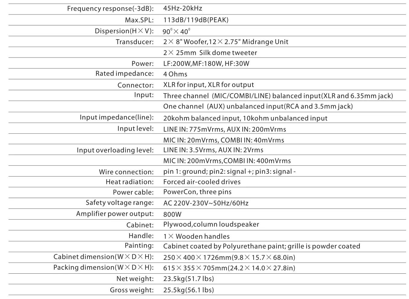 Beta Three S2-III Meline Series Professional Active Performance System - Specification