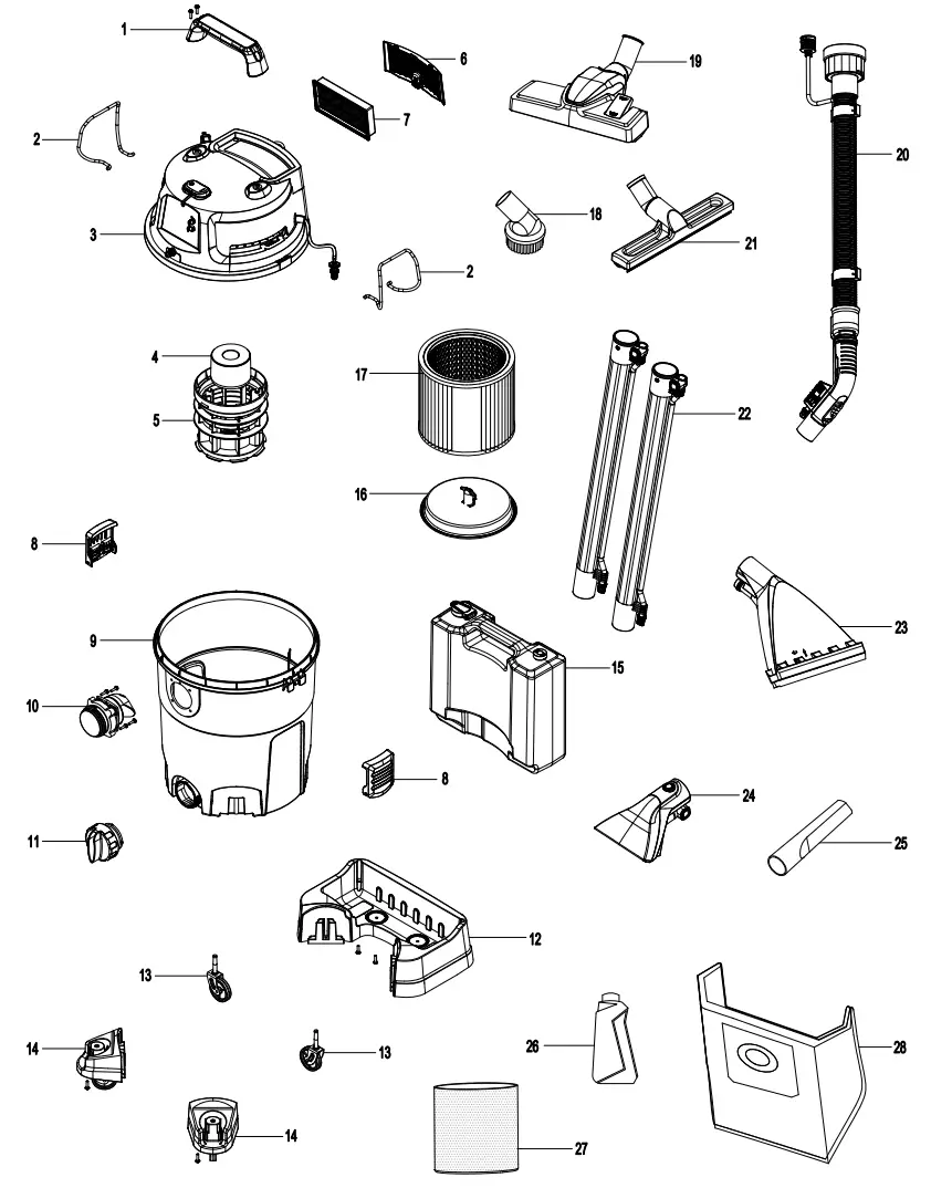 Vacmaster VK609PFR 0201 Wet Dry Shampoo Vacuum Cleaner - EXPLODED VIEW