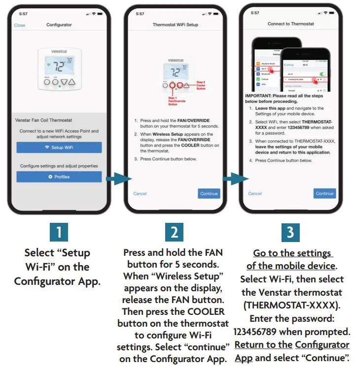 VENSTAR Fan Coil Thermostat T2100 T2150 User Guide - Connect to Wi-Fi