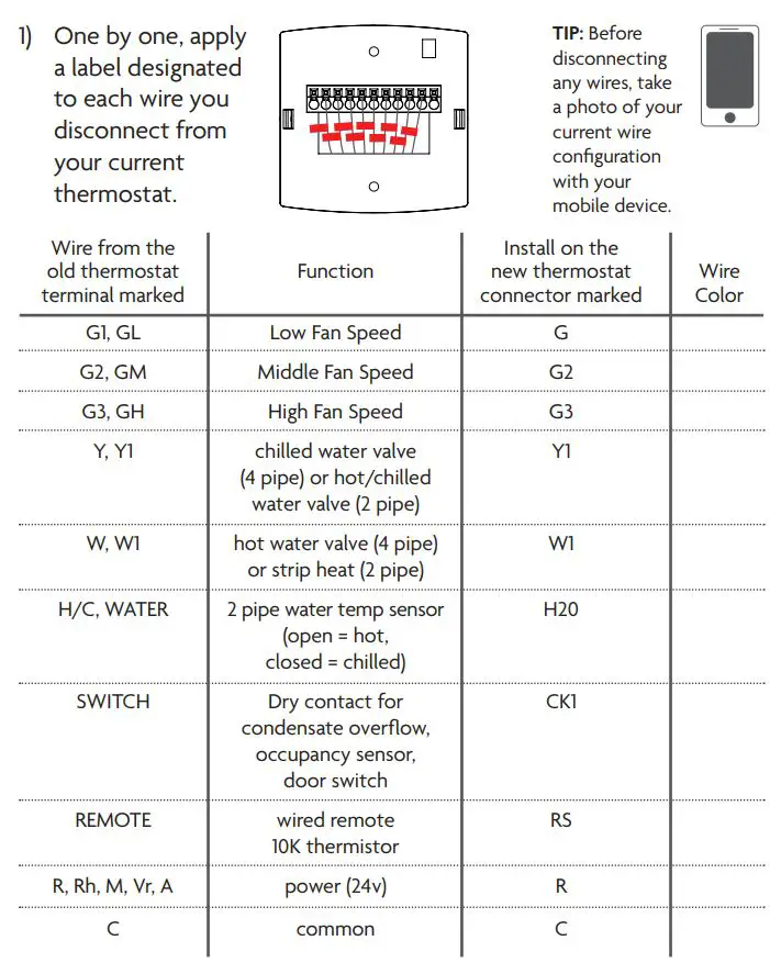 VENSTAR Fan Coil Thermostat T2100 T2150 User Guide - Label & Disconnect Wires