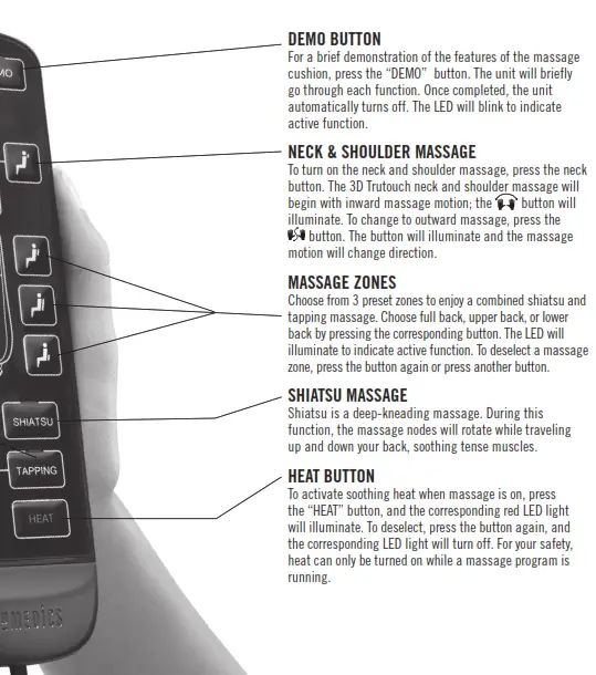 Homedics MCS-847HJ Shiatsu 3D Trutouch Massage Cushion with Soothing Heat Instruction - DEMO BUTTON