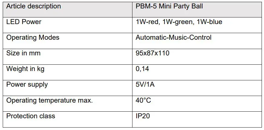 KIRSTEIN SHOWLITE PBM-5 Mini Party Ball - Technical data