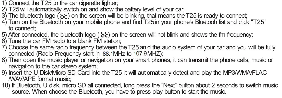 Lencent T25 Bluetooth FM Transmitter for Car User Manual - How to Use