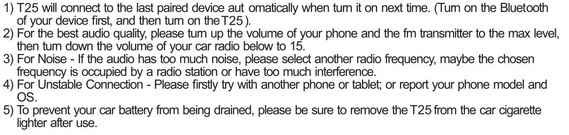 Lencent T25 Bluetooth FM Transmitter for Car User Manual - Important Note