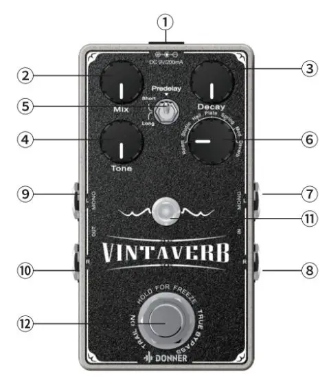DONNER PD11 Vintaverb Reverb Pedal - Panel layout