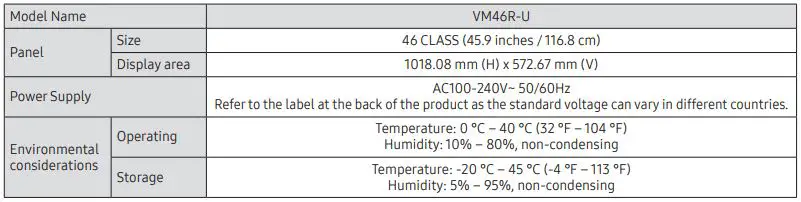 SAMSUNG Video Wall Display - Specifications