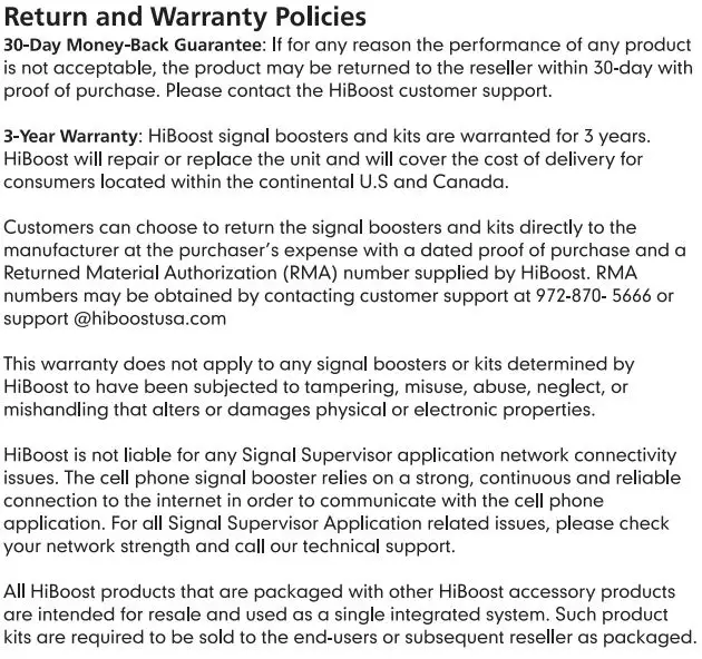 HiBOOST Travel Vehicle Cell - Return and Warranty Policies
