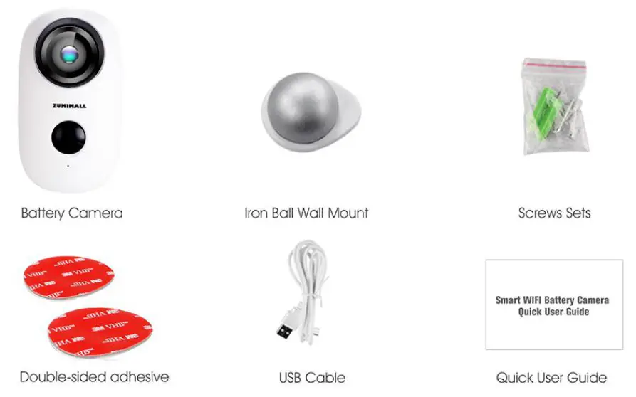 ZUMIMALL Wire Free Rechargeable HD Smart Security Camera What is in the Box